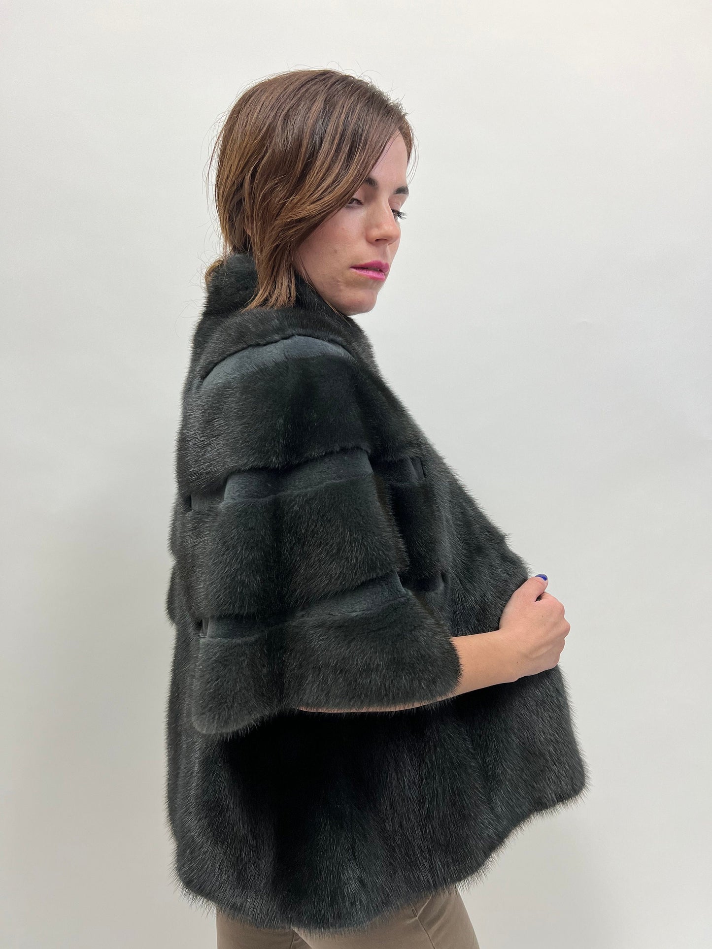 Midnight Blue Mink Fur Cape Jacket - Sheared Mink Details - Saga Furs