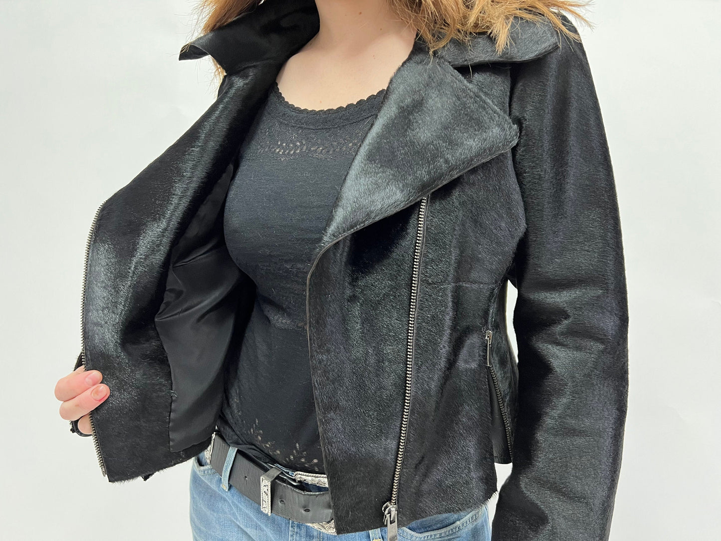 Genuine Cavallino Fur Biker Jacket: Hair-On Calf Leather, Lightweight Spring Coat
