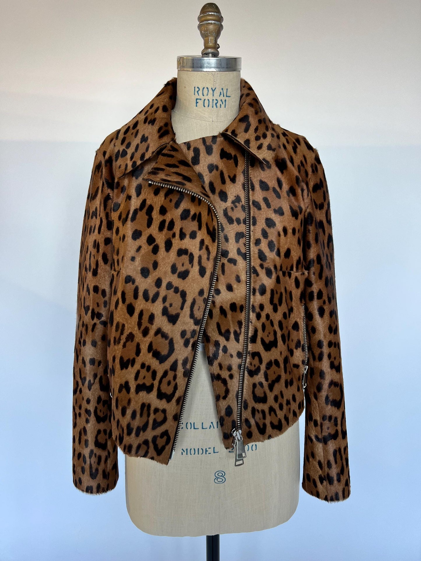 Handmade Cheetah Print Calf Fur Biker Jacket: Genuine Leather