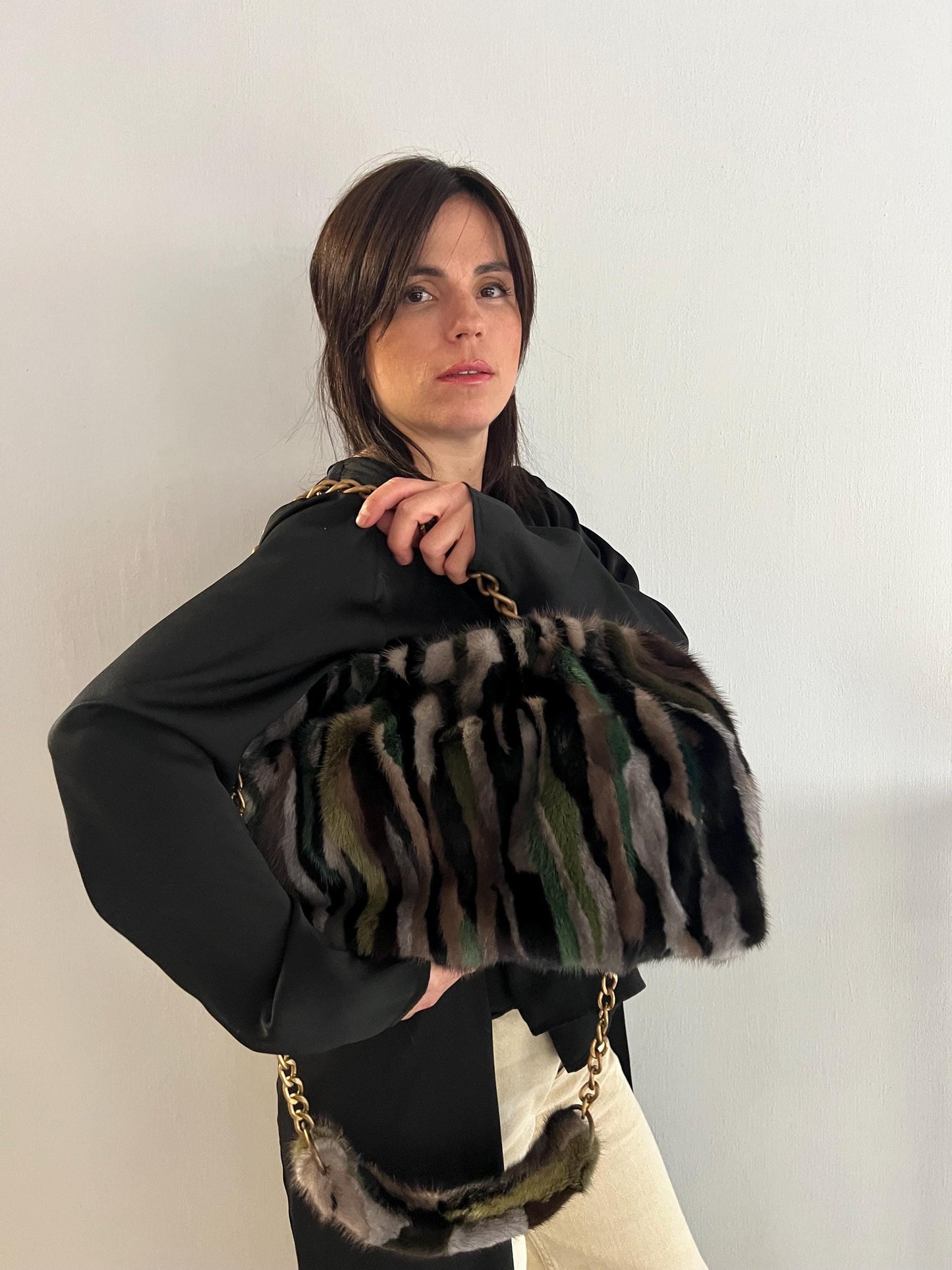 Handmade Mink Fur Slouchy Shoulder Bag: Luxury Cross-body Purse in army shades.