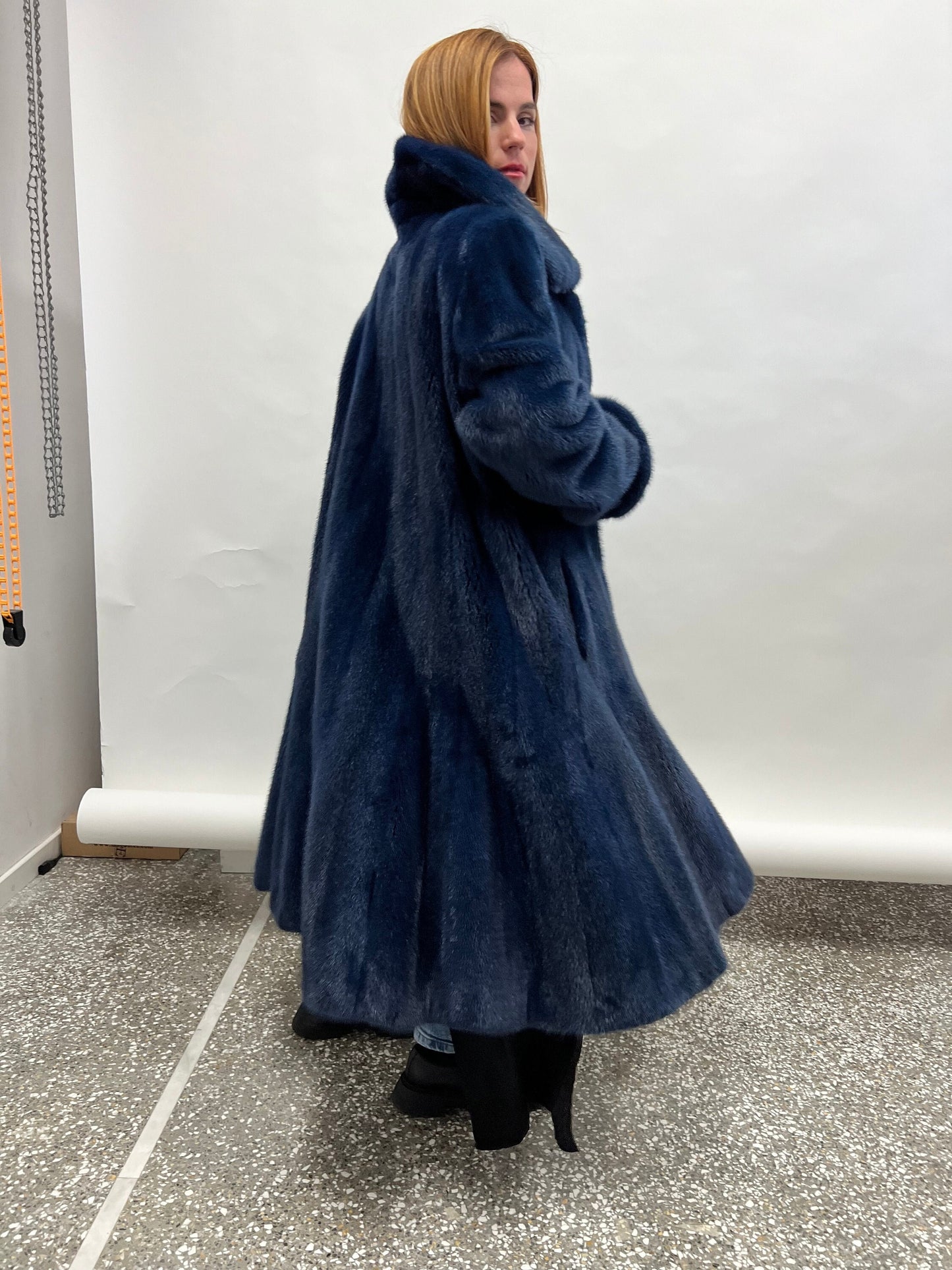 Navy Blue Mink Fur Godet Coat - Handmade in Greece