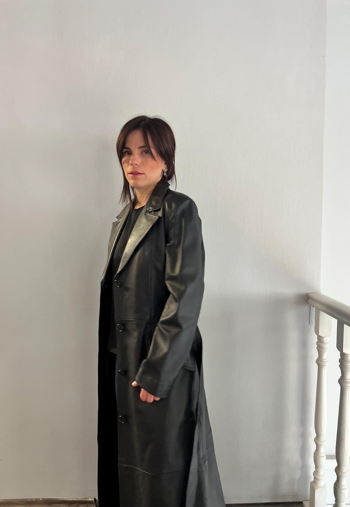 Handcrafted Nappa Leather Overcoat: Full Length Black Belted Coat, Small