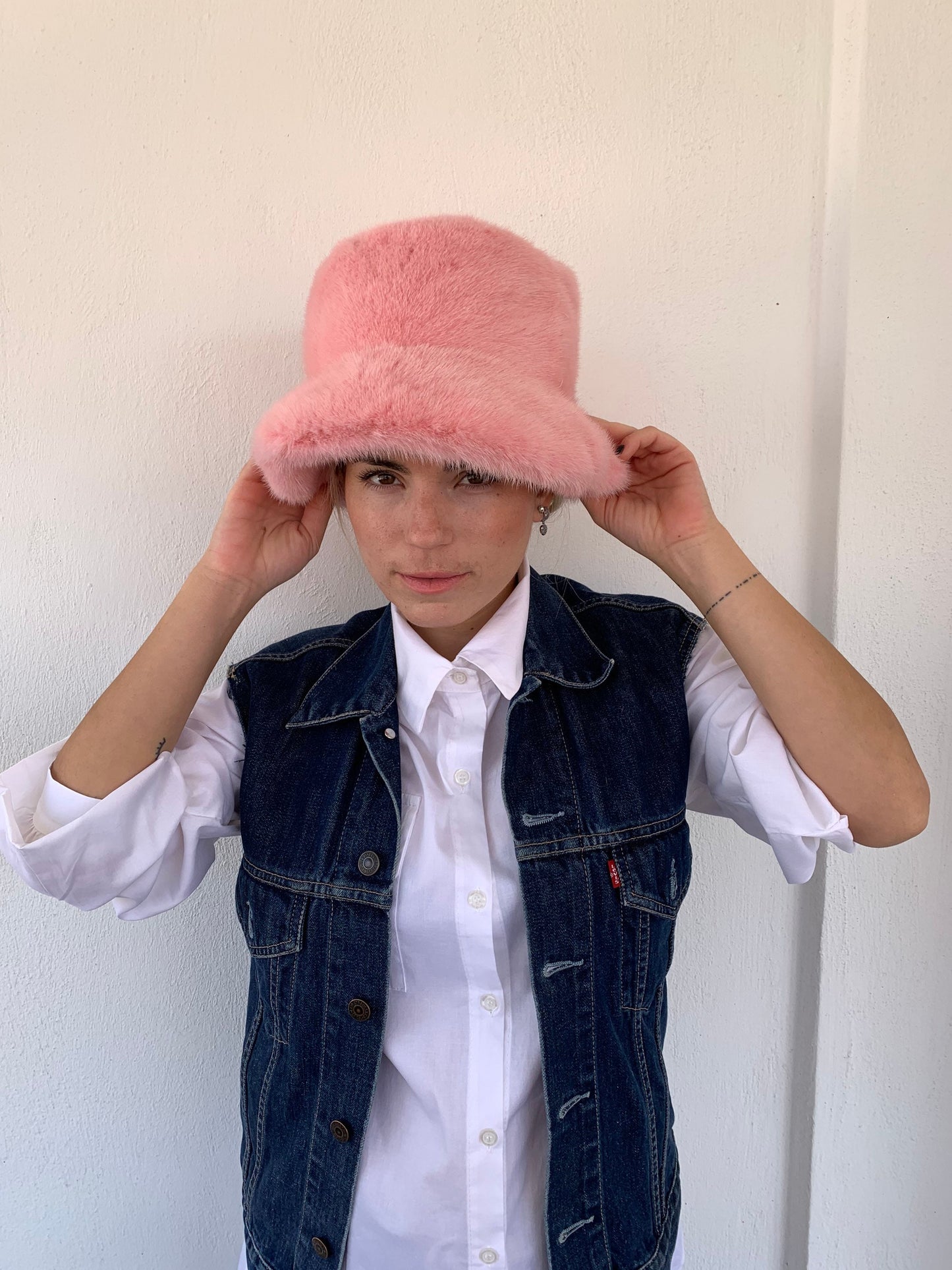 Pink Mink Fur Bucket Hat: Handmade Padded Winter Warmer