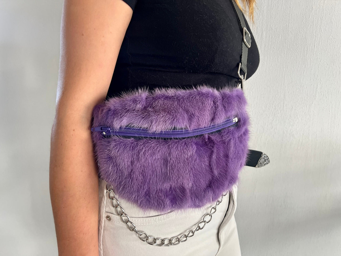 Purple Mink Fur Bumbag with Chain: Luxury Fanny Pack