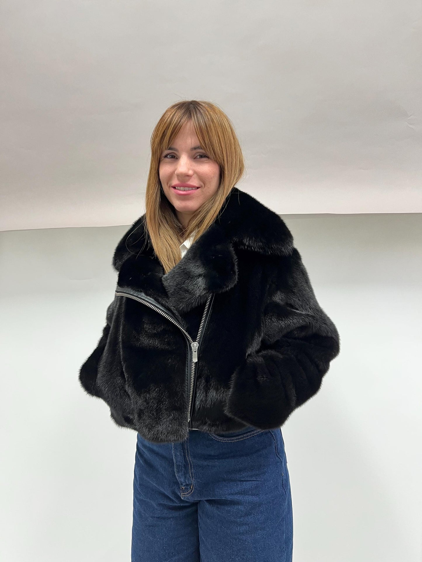 Black Mink Fur Biker Jacket: Saga Fur, Silver Hardware
