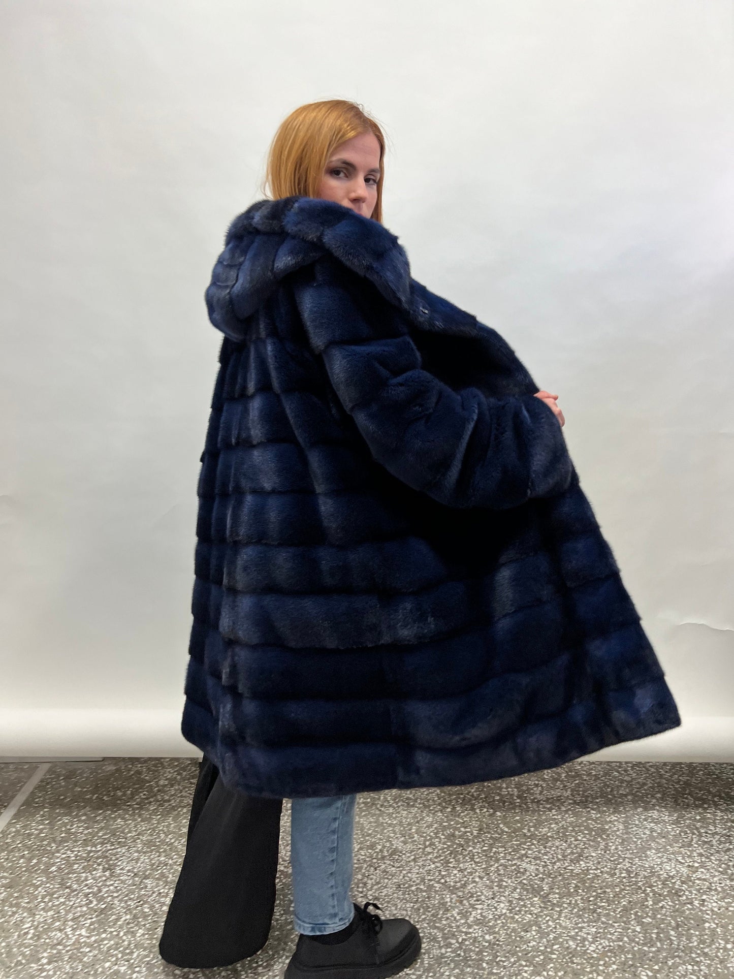 Handmade Navy Blue Mink Fur Hooded Coat, 2XL