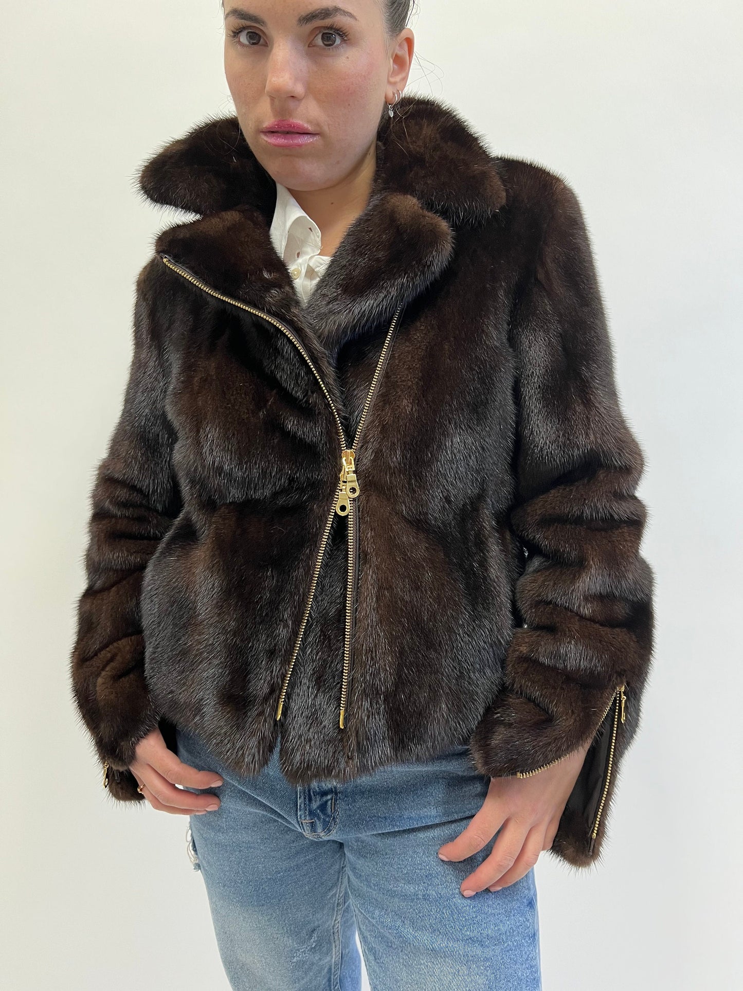 Dark Brown Mink Fur Biker Jacket: Lightweight Luxury with Gold Hardware