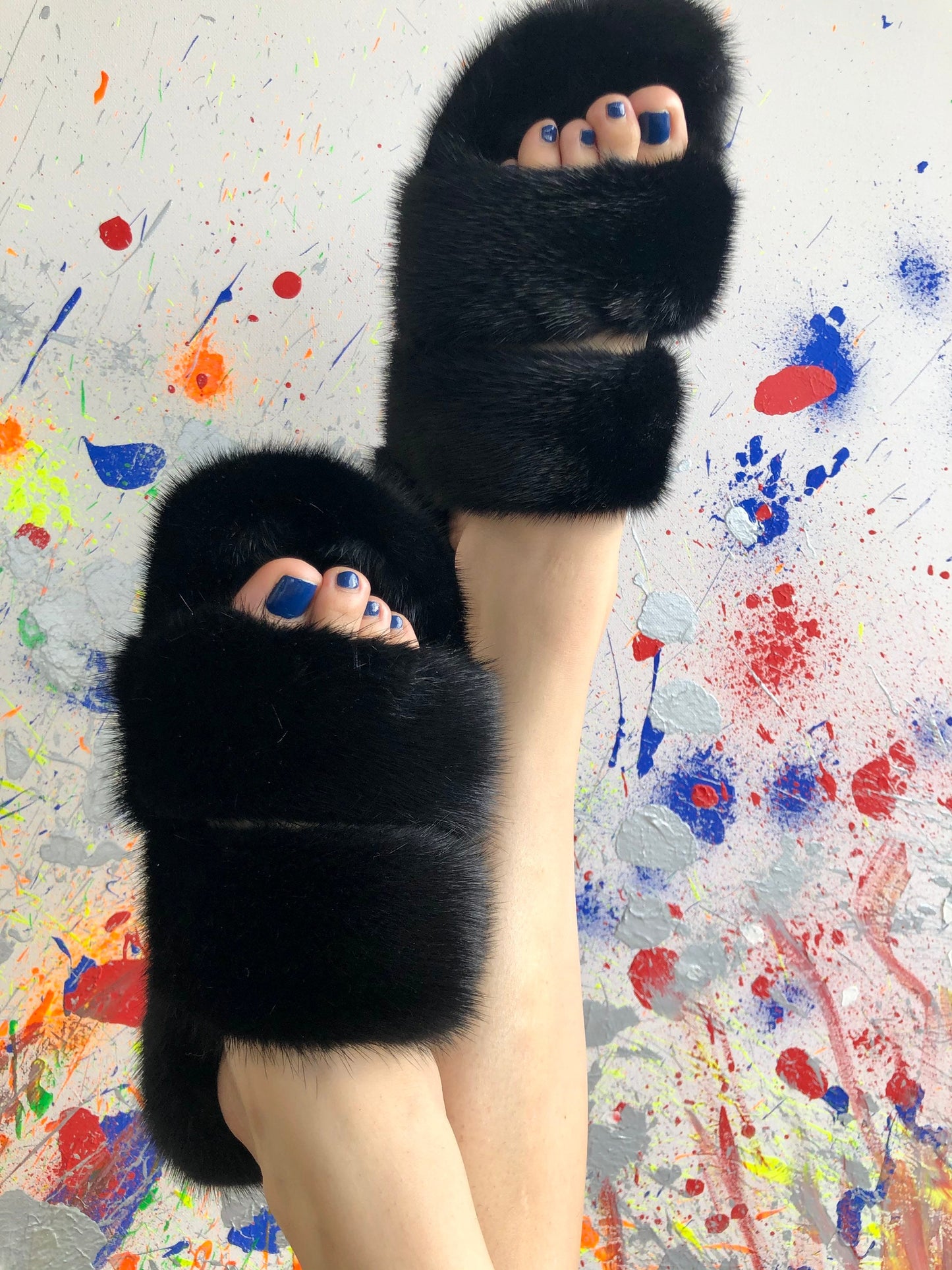 Black Mink Fur Slides: Luxury Rubber Slippers