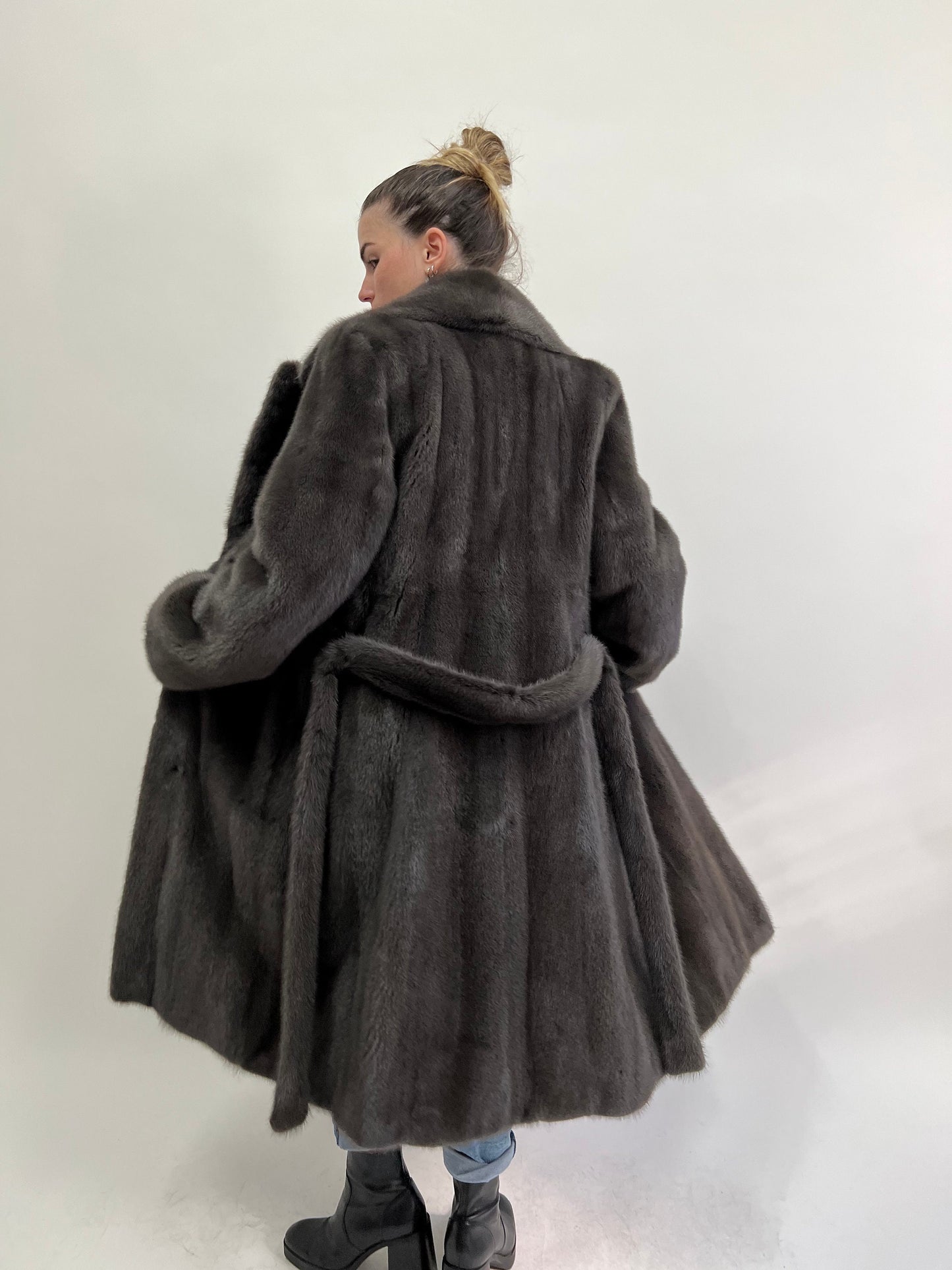 Real Graphite Mink Fur Long Coat: Belted Copenhagen Fur, Handmade