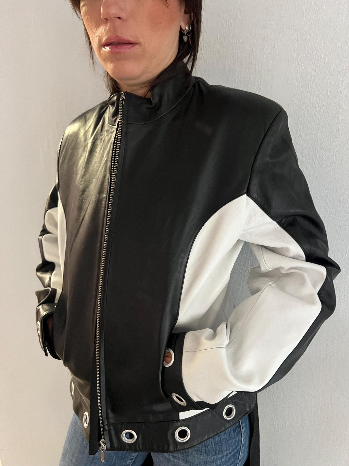 Handmade Black and White Lambskin Leather Jacket - Medium