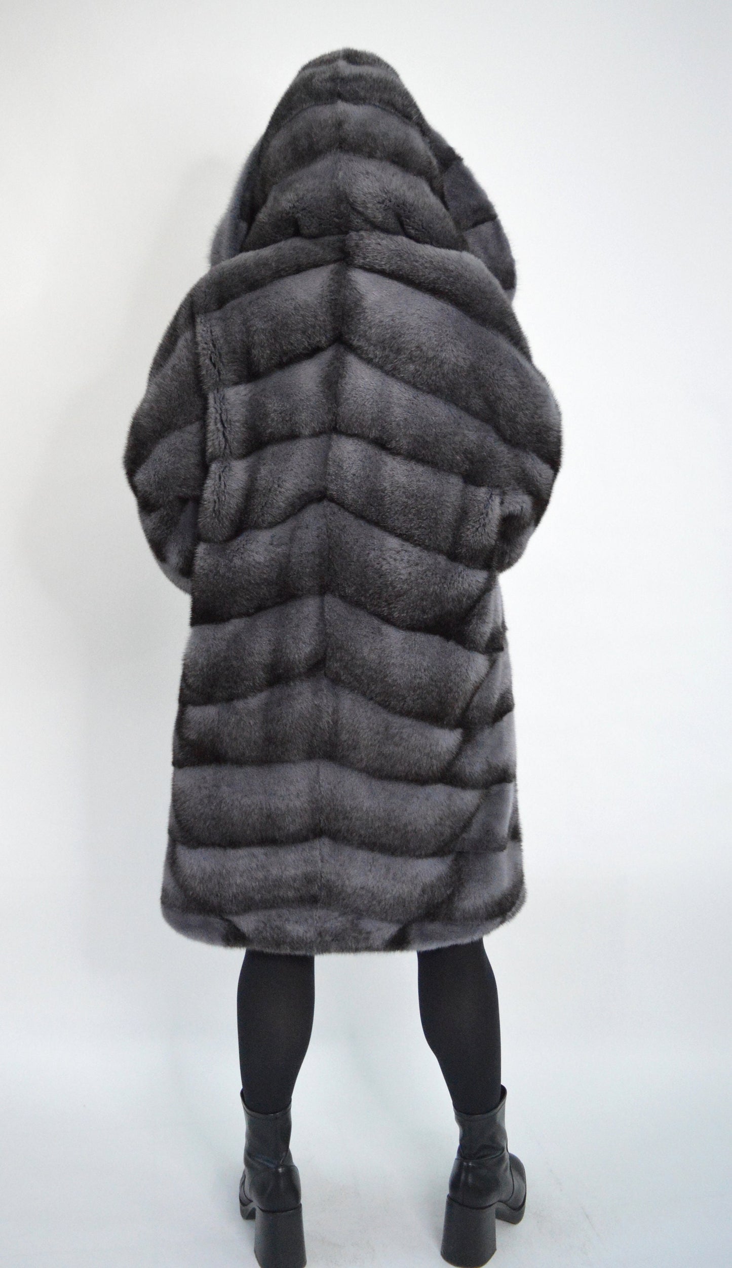 Gray Mink Fur Kimono Coat: Hooded Black Cross Dyed Stroller,oversized with Leather Belt