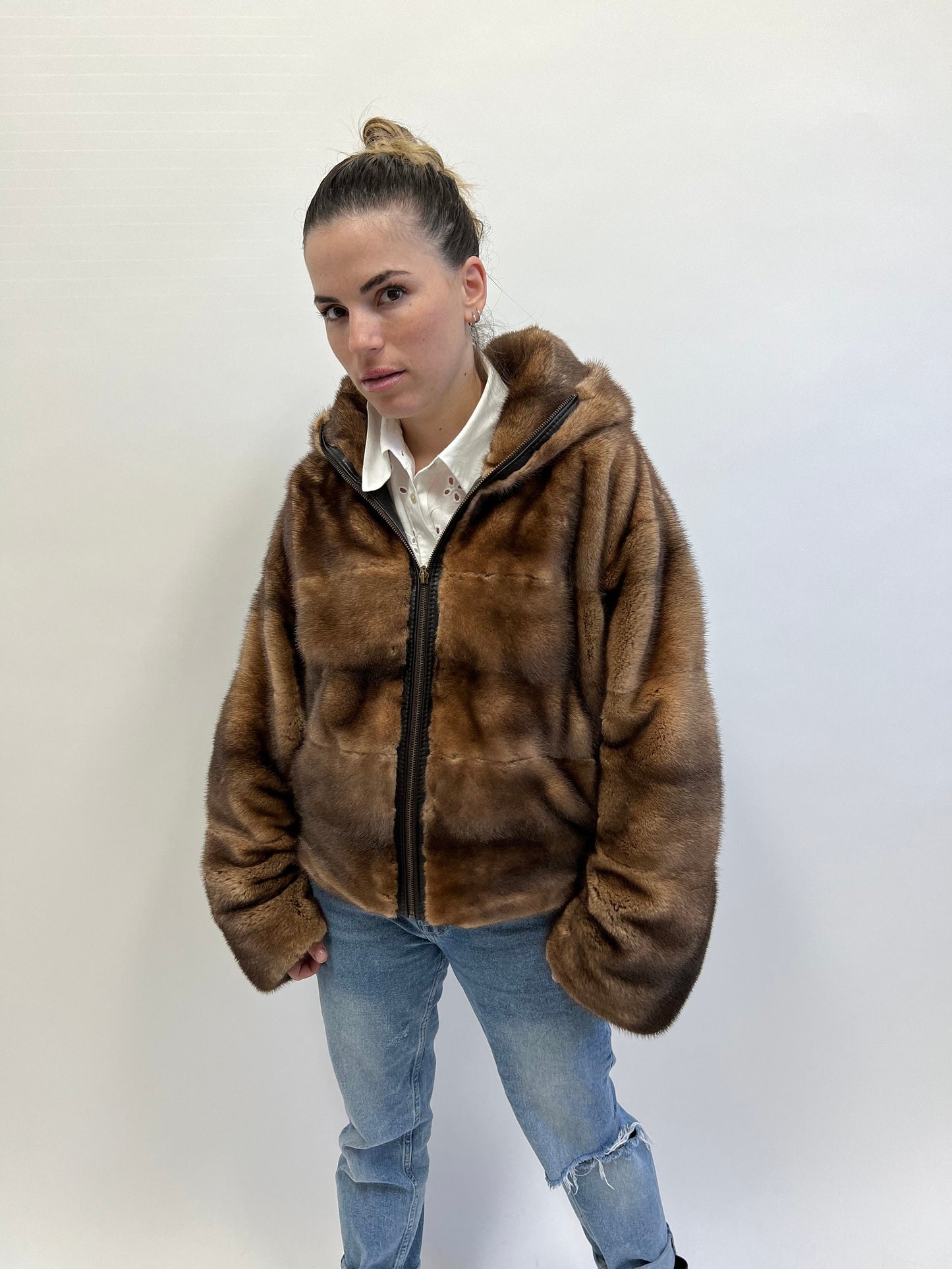 Saga Furs Mink Jacket: Tan Brown Degrade Fur, Hooded