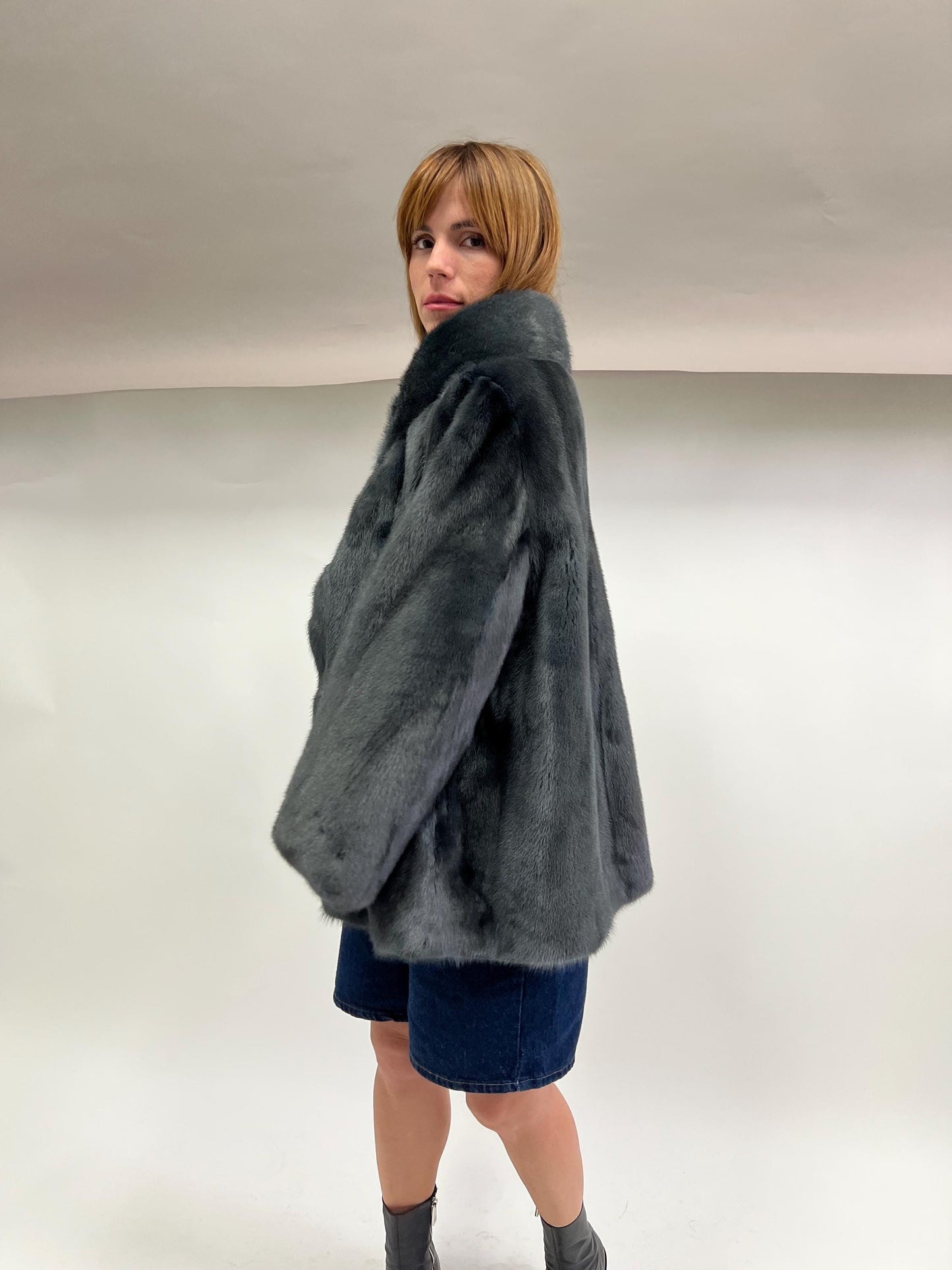 Saga Quality Petrol Mink Fur Jacket: Edgy Stand Up Collar