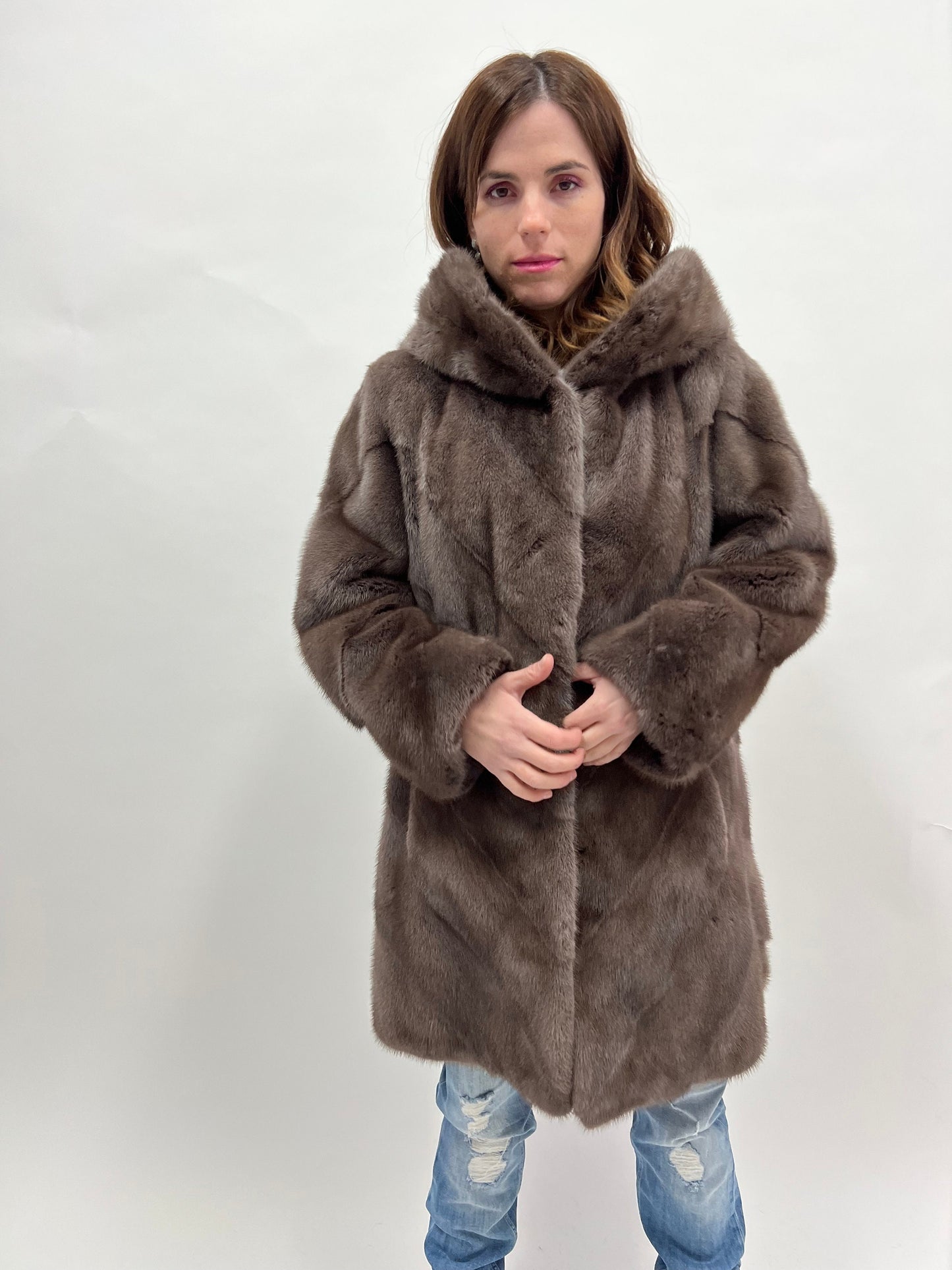 Cloud Mink Fur Hooded Coat: Warm Grey Diagonal Jacket
