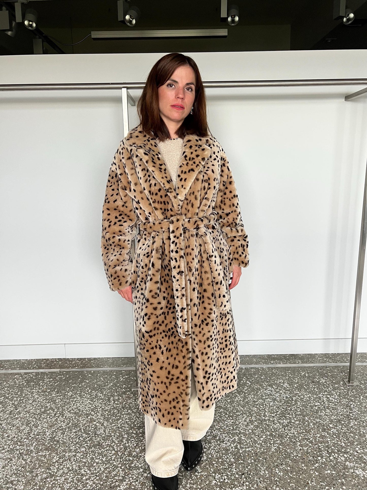 Handmade Merino Shearling Coat: Animal Stamp Fur Stroller, Brown Leather Wrap