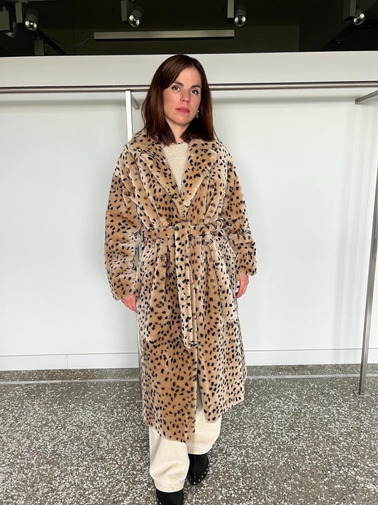 Handmade Merino Shearling Coat: Animal Stamp Fur Stroller, Brown Leather Wrap