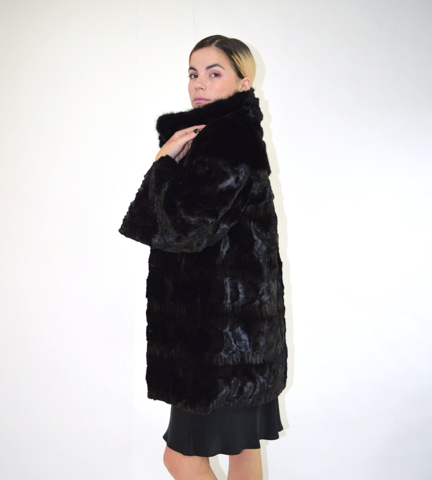 Black Mink Fur Jacket, Genuine Fur Pelt,with Collar