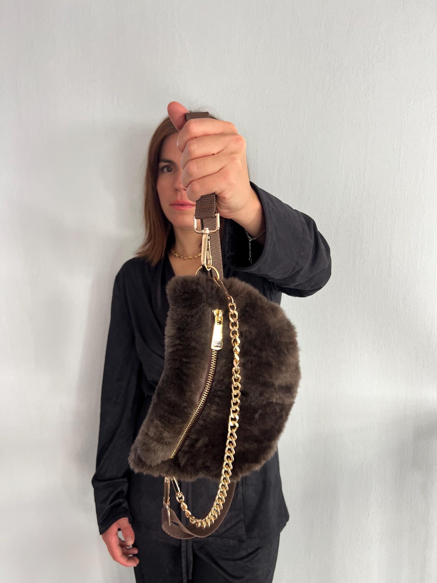 Rabbit & Mink Fur Bumbag with Chain: Convertible Waist, Shoulder or Back Bag