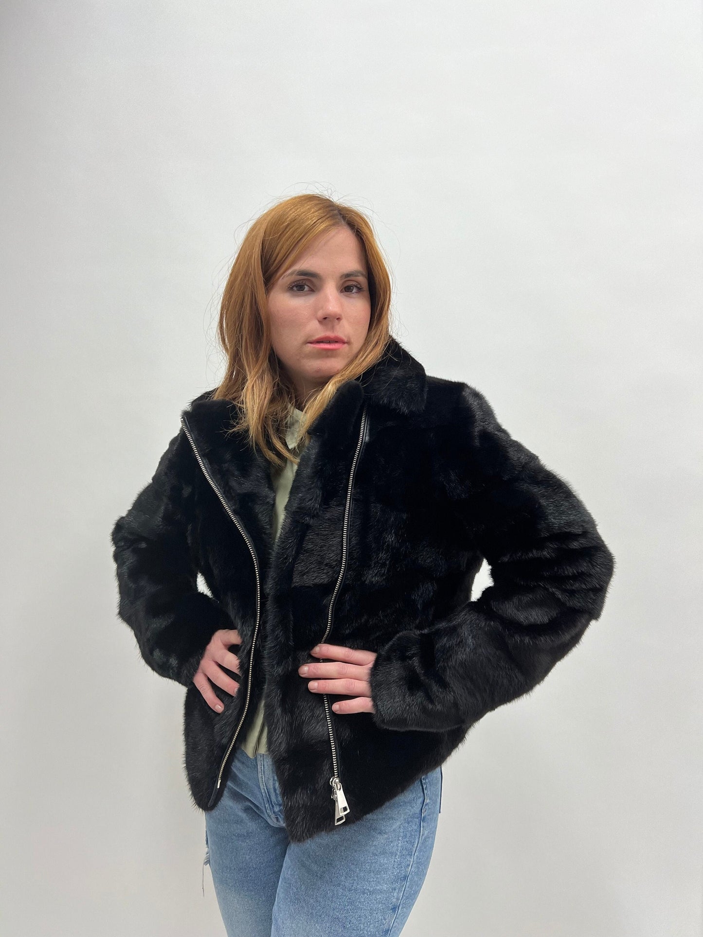 Black Mink Biker Jacket: Horizontal Fur, Silver Hardware