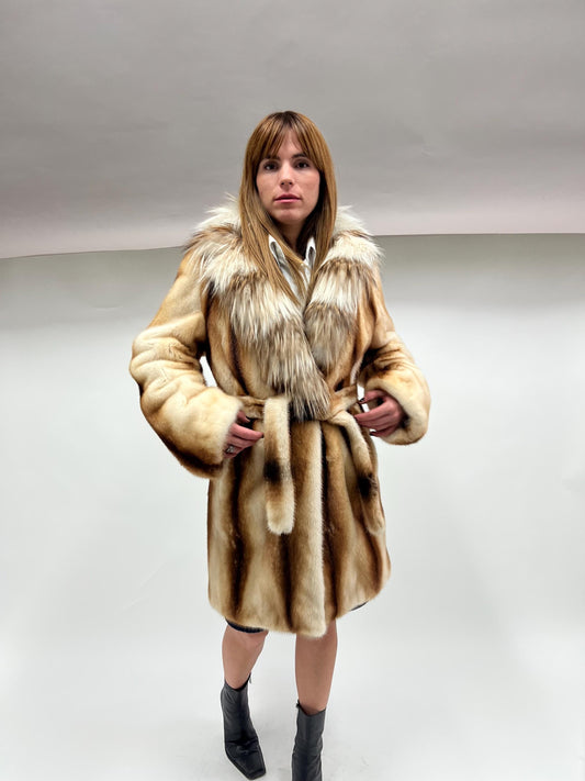 Handmade Pearl Mink Fur Stroller Coat: Fox Fur Collar, Belted