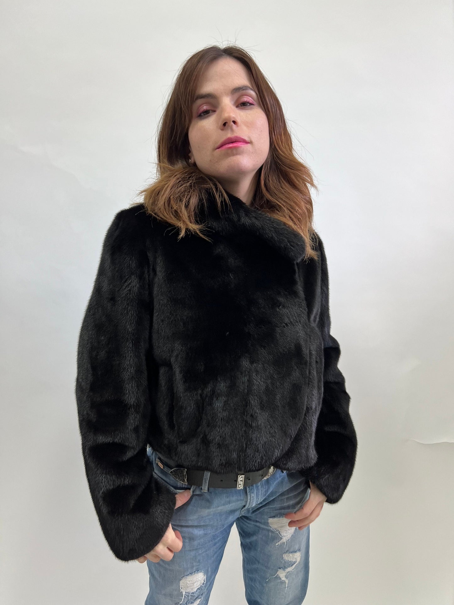 Mink Fur Bolero Jacket: Black Collared Copenhagen Fur, Size Small