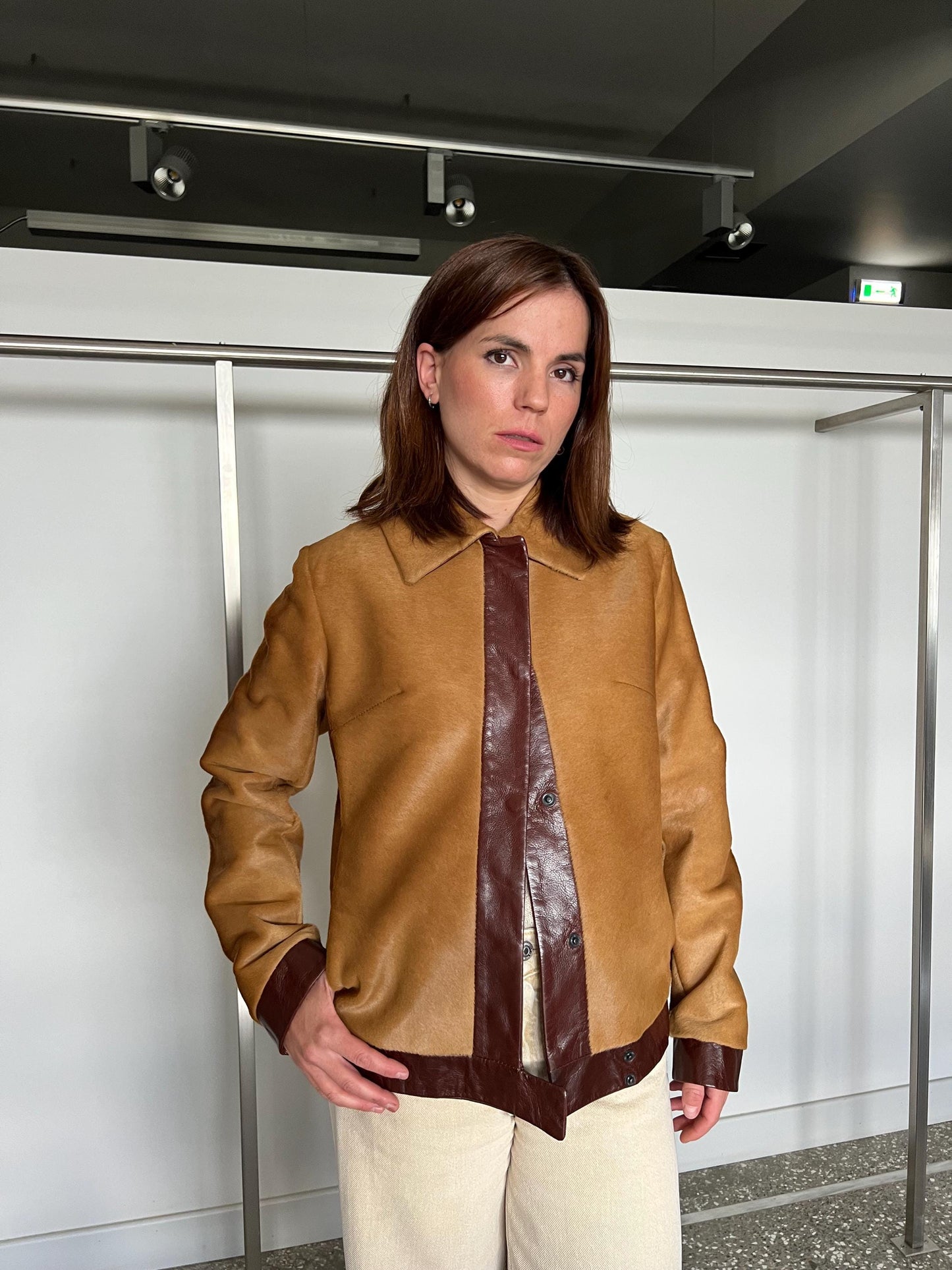 Camel and Burgundy Hair-On Calf Hide Leather Jacket - Handmade in Greece
