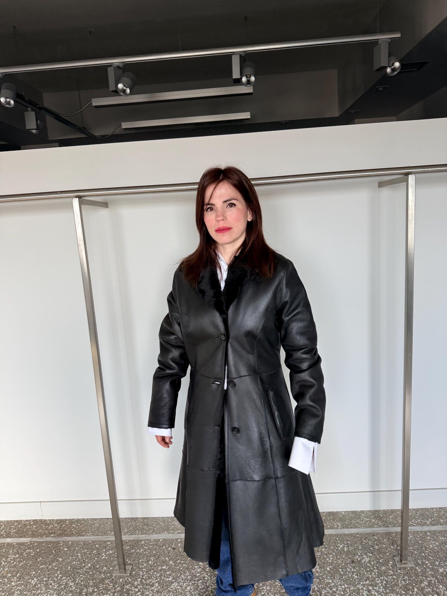 Handmade Black Shearling Fur Jacket:Long super warm Sheepskin Coat