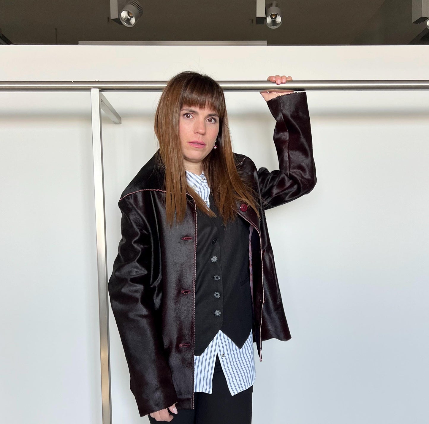 Burgundy Pony Hair Leather Coat: Handmade Calf Hide Jacket