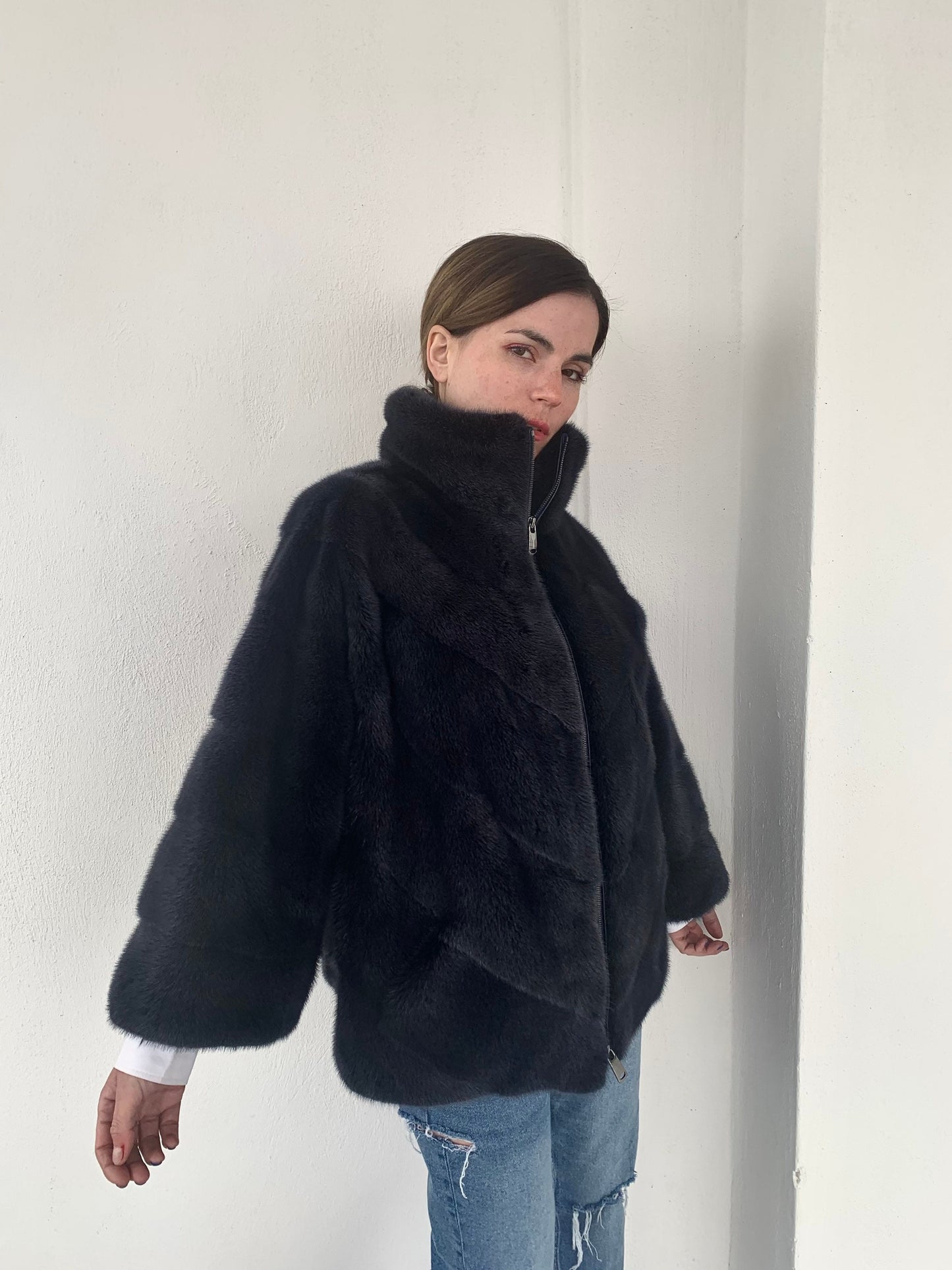 Denim Blue Mink Fur Cape: Handmade Oversized Jacket