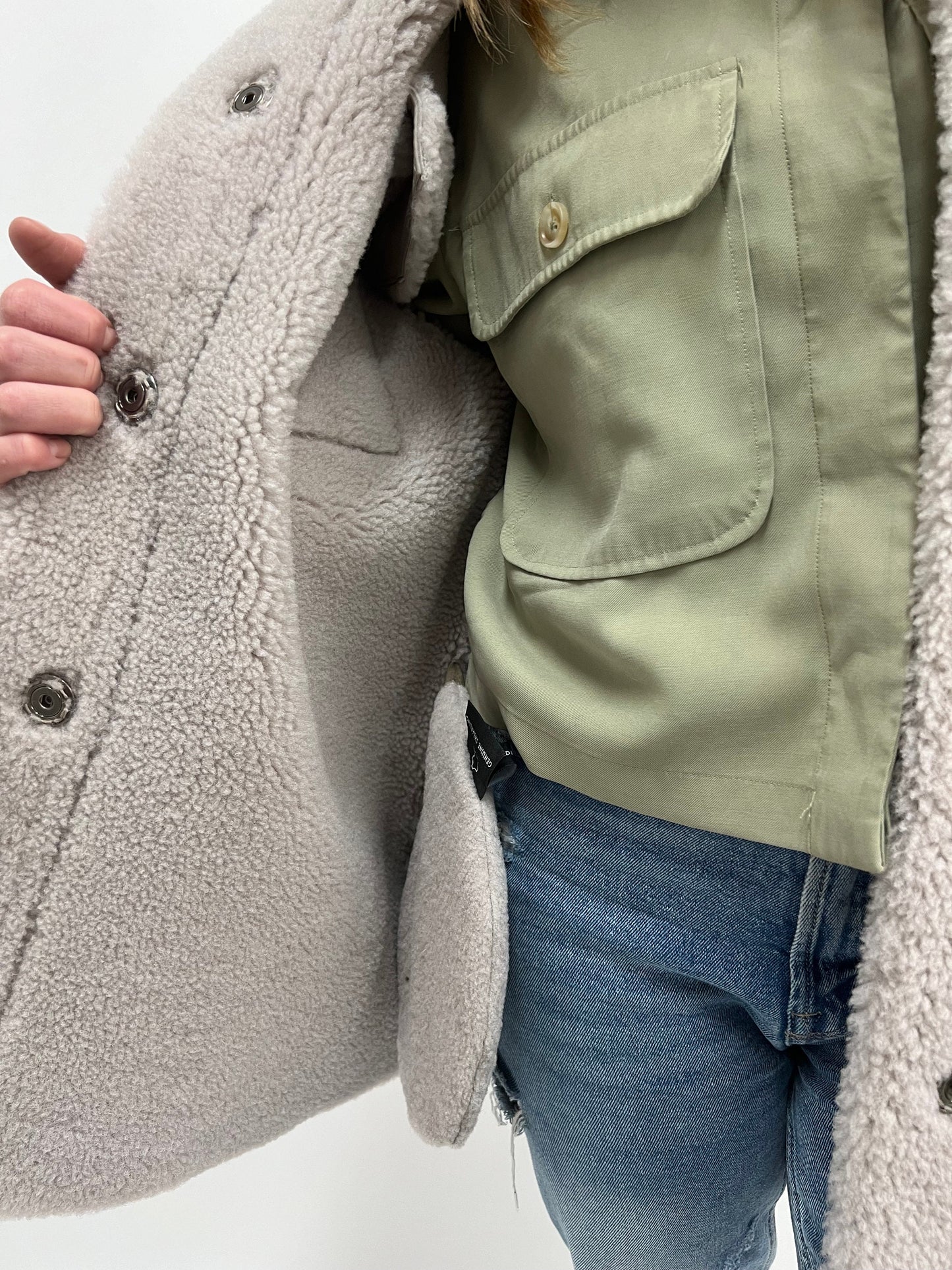 Real Sheepskin Shearling Overshirt: Light Grey Nappa Fur Jacket