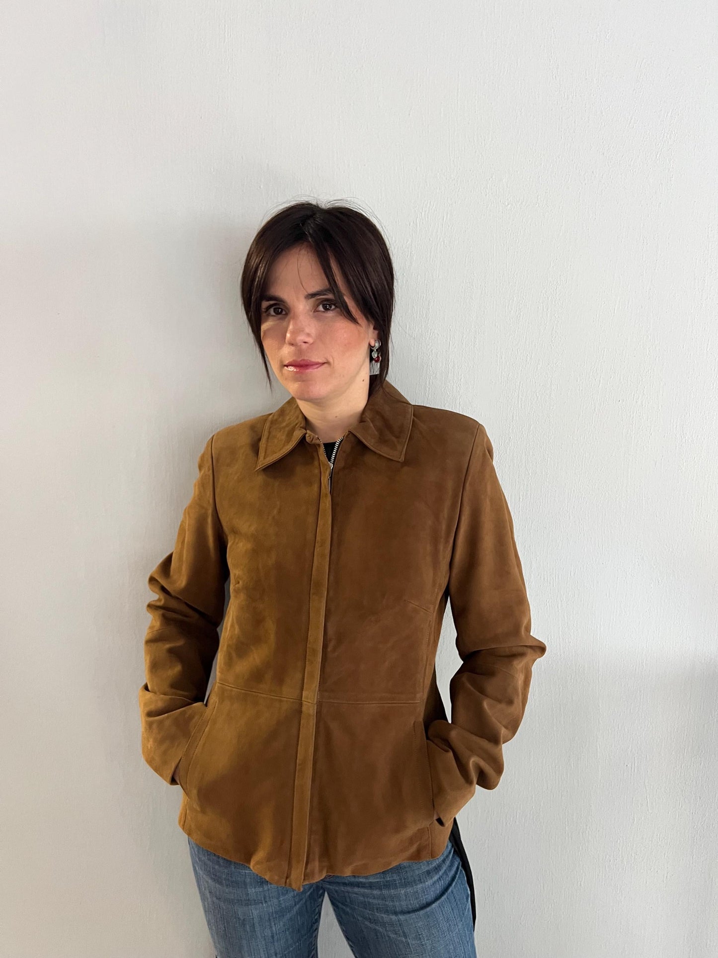 Handmade Tobacco Suede Leather Zipped Jacket: Light Genuine Leather Blazer