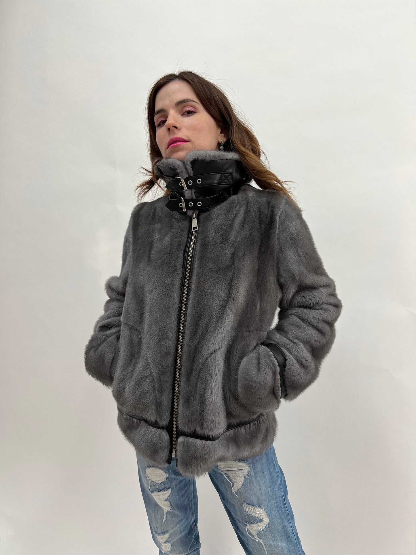 Silver Blue Mink Fur Biker Jacket with Leather Details