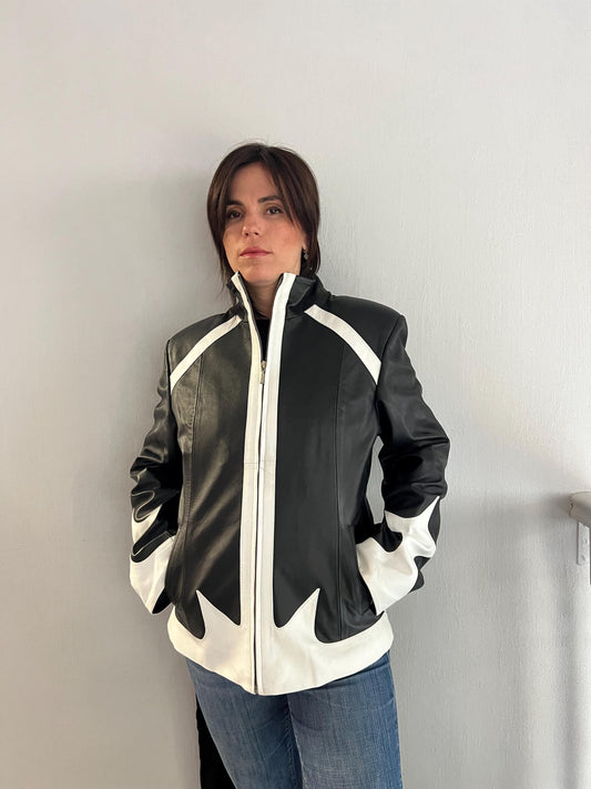 Handmade Black and White Lambskin buttery zipped up Leather Jacket - Medium
