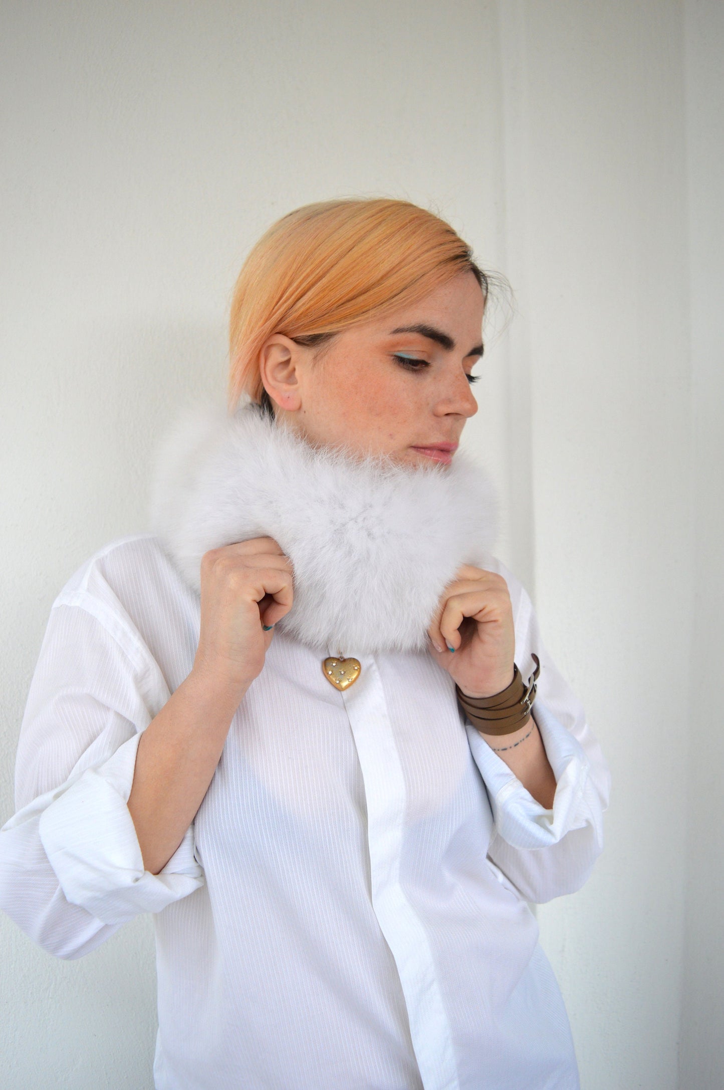 White Fox Fur Headband Collar: Elastic Winter Loop Scarf