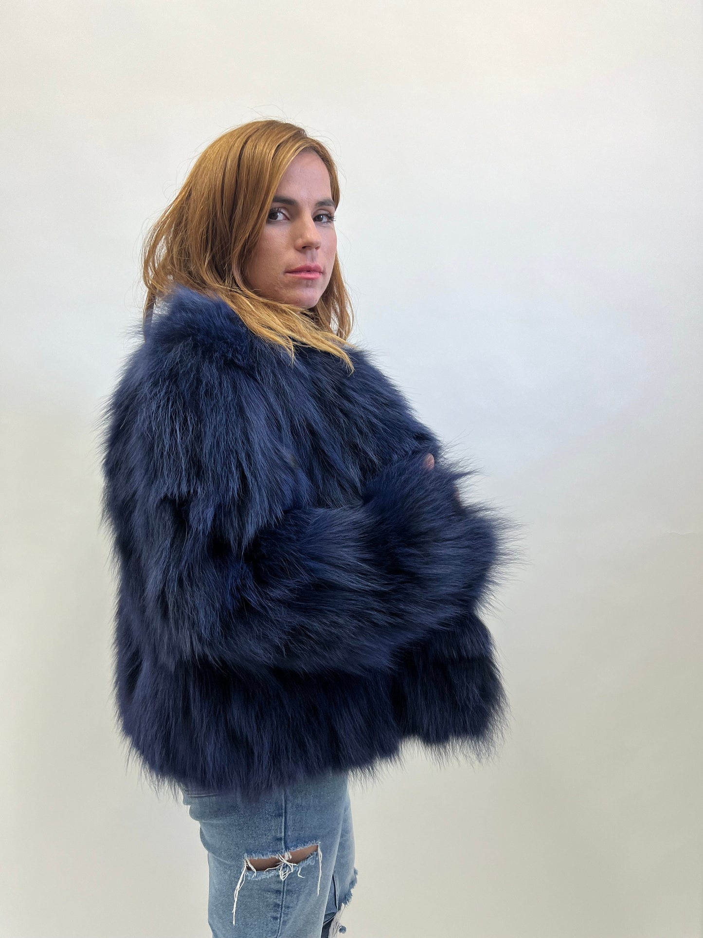 Real Denim Blue Fox Fur Jacket - Handmade Winter Coat
