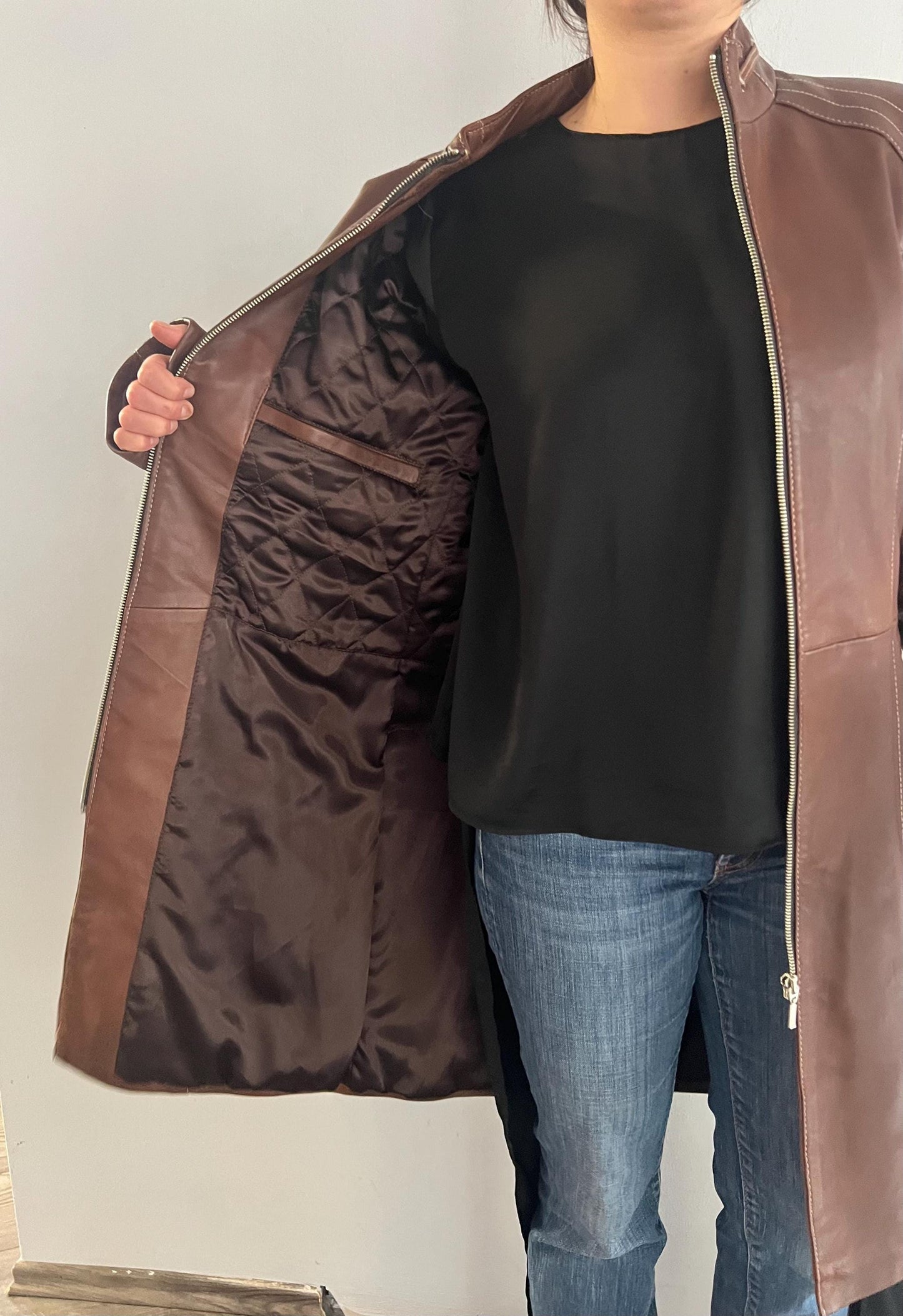 Handmade Nappa Lamb Leather Coat: Tobacco Brown Zip Front