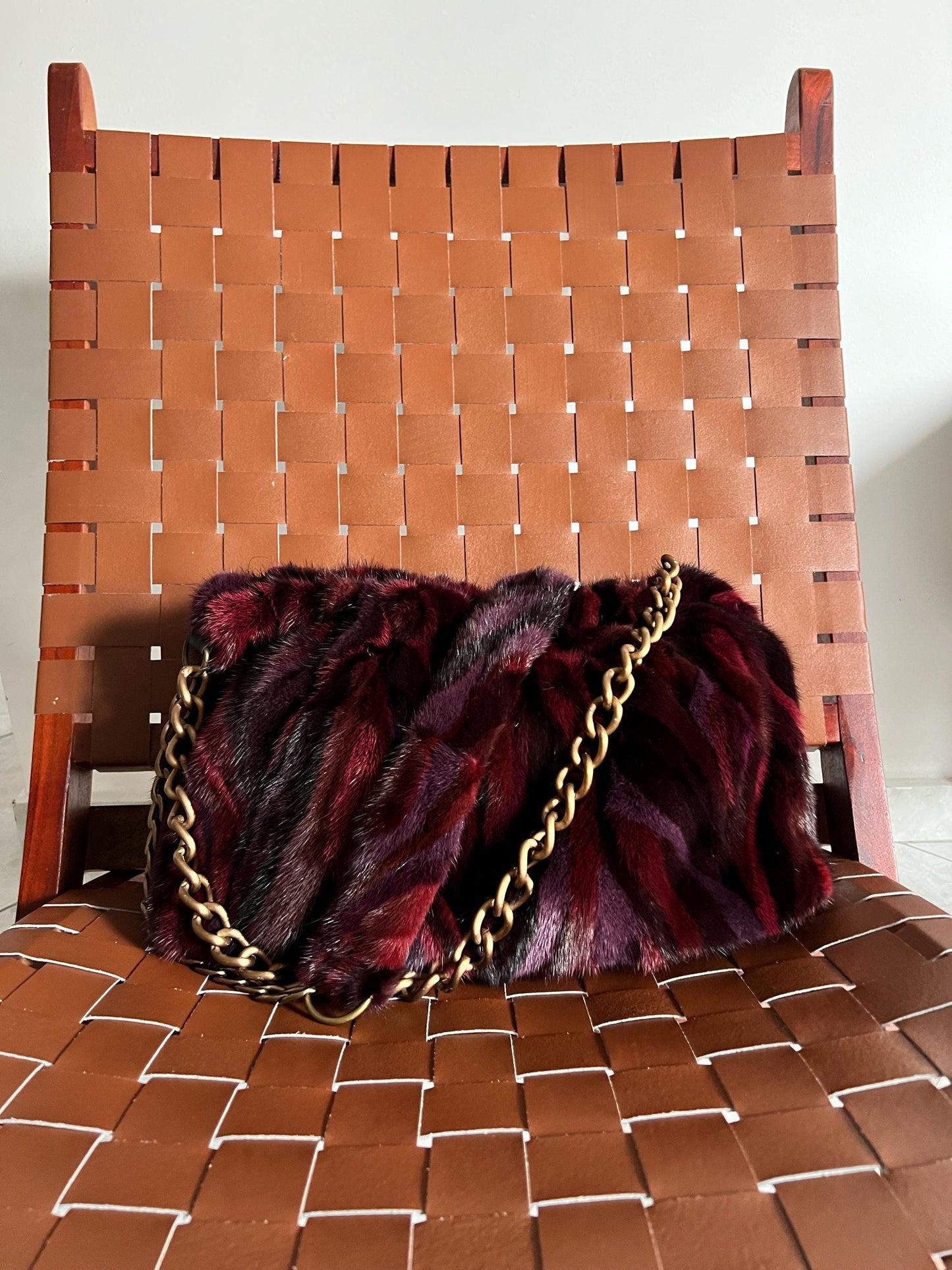 Handmade Mink Fur Slouchy Shoulder Bagin Burgundy : Luxury Cross-body Purse in army shades.