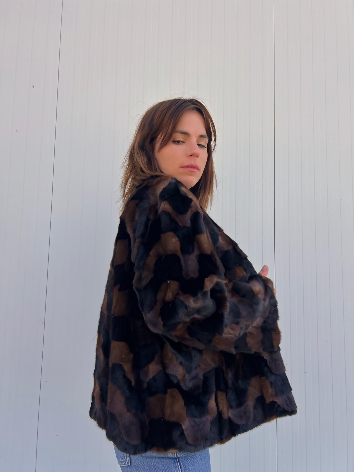 Sheared Mink Fur Jacket: Brown & Black Intarsia Design, Hagen Closure