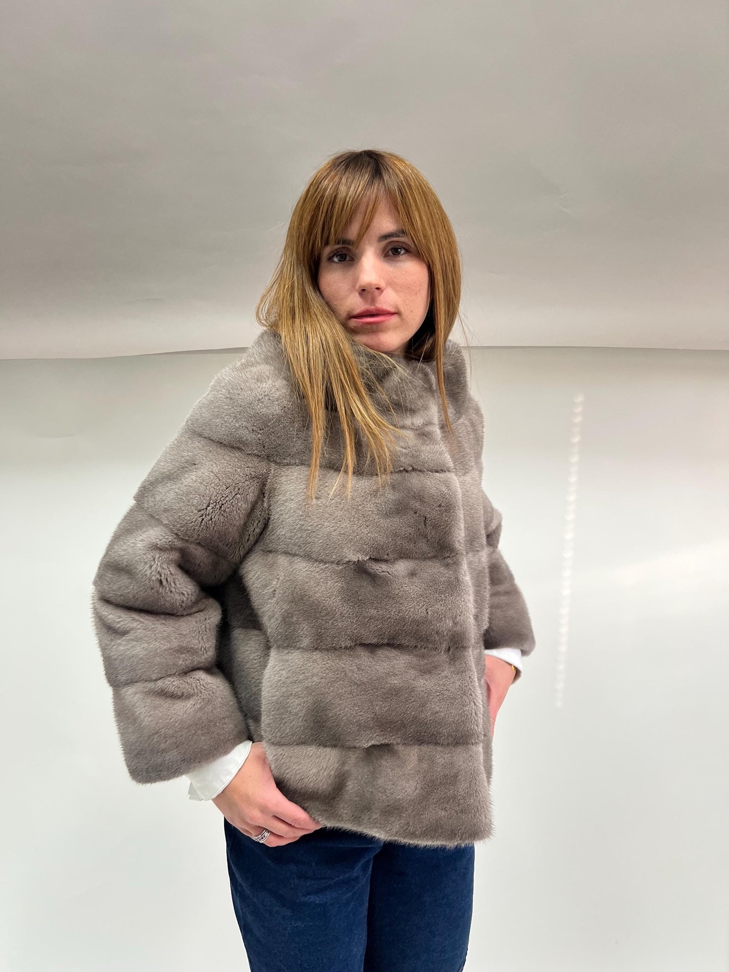 Real Silver Mink Fur Stroller Coat - High Collar, Luxury Gift