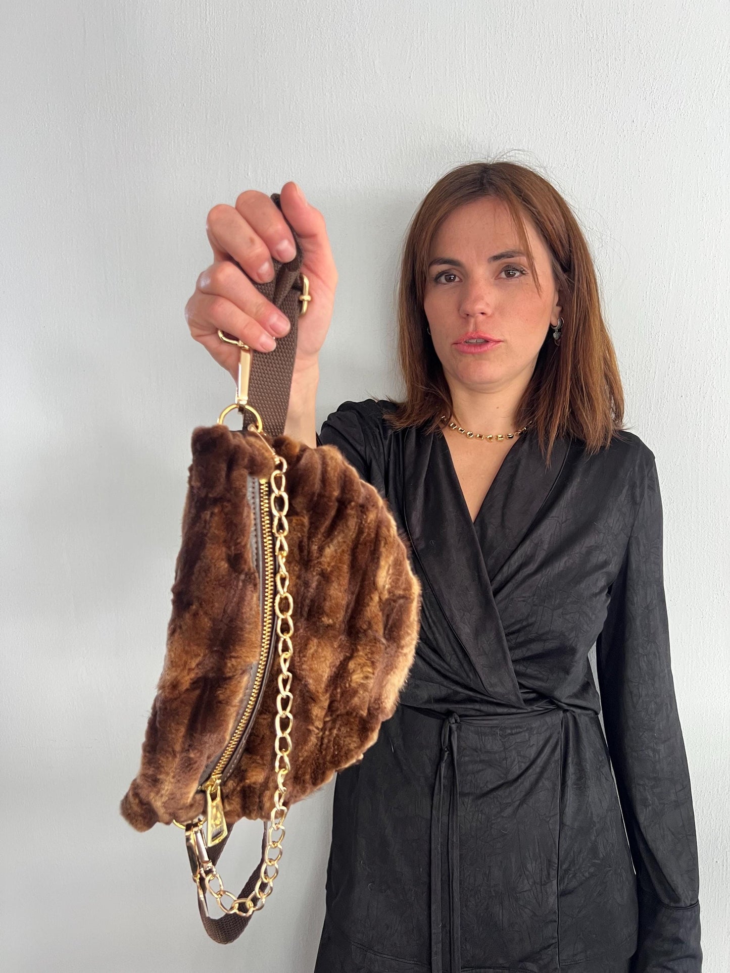 Sheared Mink Fur Bumbag: Beige Marble Fanny Pack with Chain