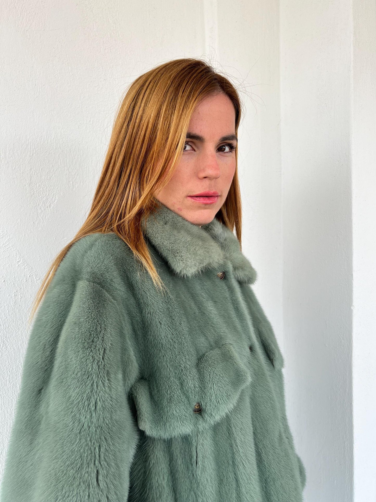 Pistachio Mink Fur Over-Shirt Coat: Grey Boxy Style, XL