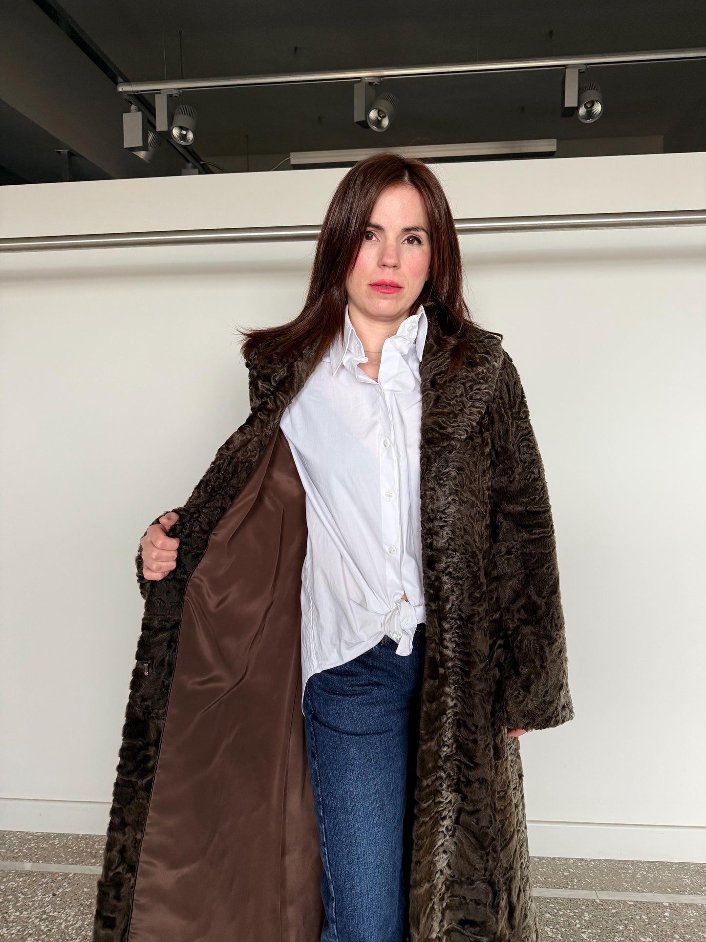 Handmade cross Swakara Curly Fur Coat – Extremely Warm Sheepskin brown Coat