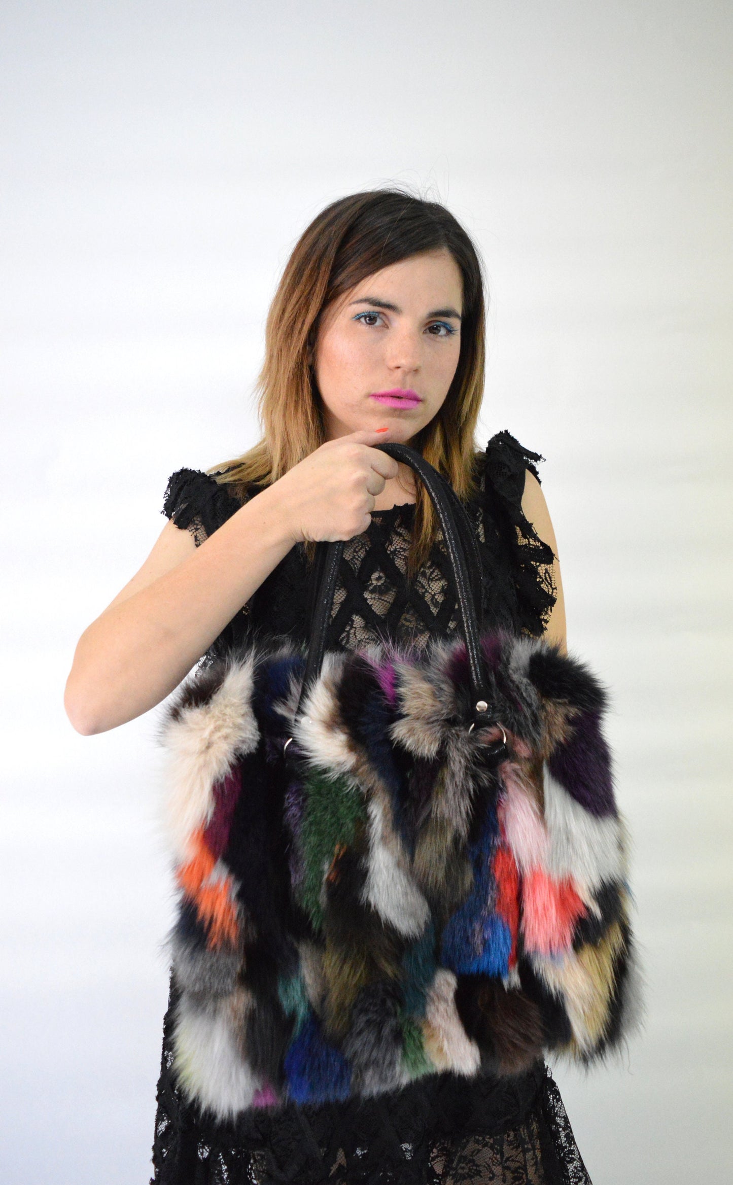 Multicoloured Fox Fur Tote Bag: Leather Details, Rabbit Fur Trim