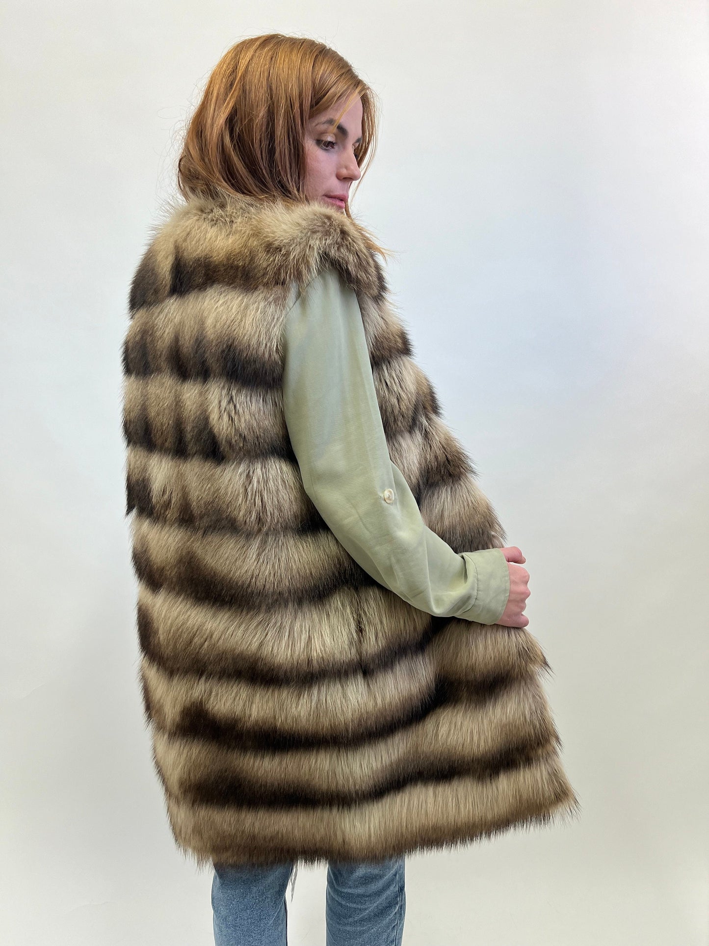 Real Raccoon Fur Vest: Beige Brown Leather Trim, Size XXSmall-XSmall