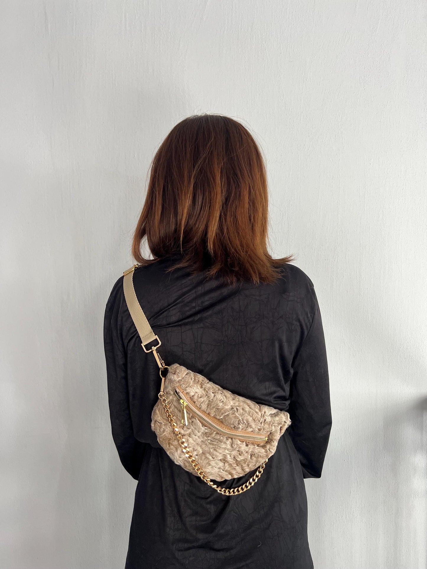 Real Lamb Fur Bumbag: Beige Fanny Pack with Chain Strap