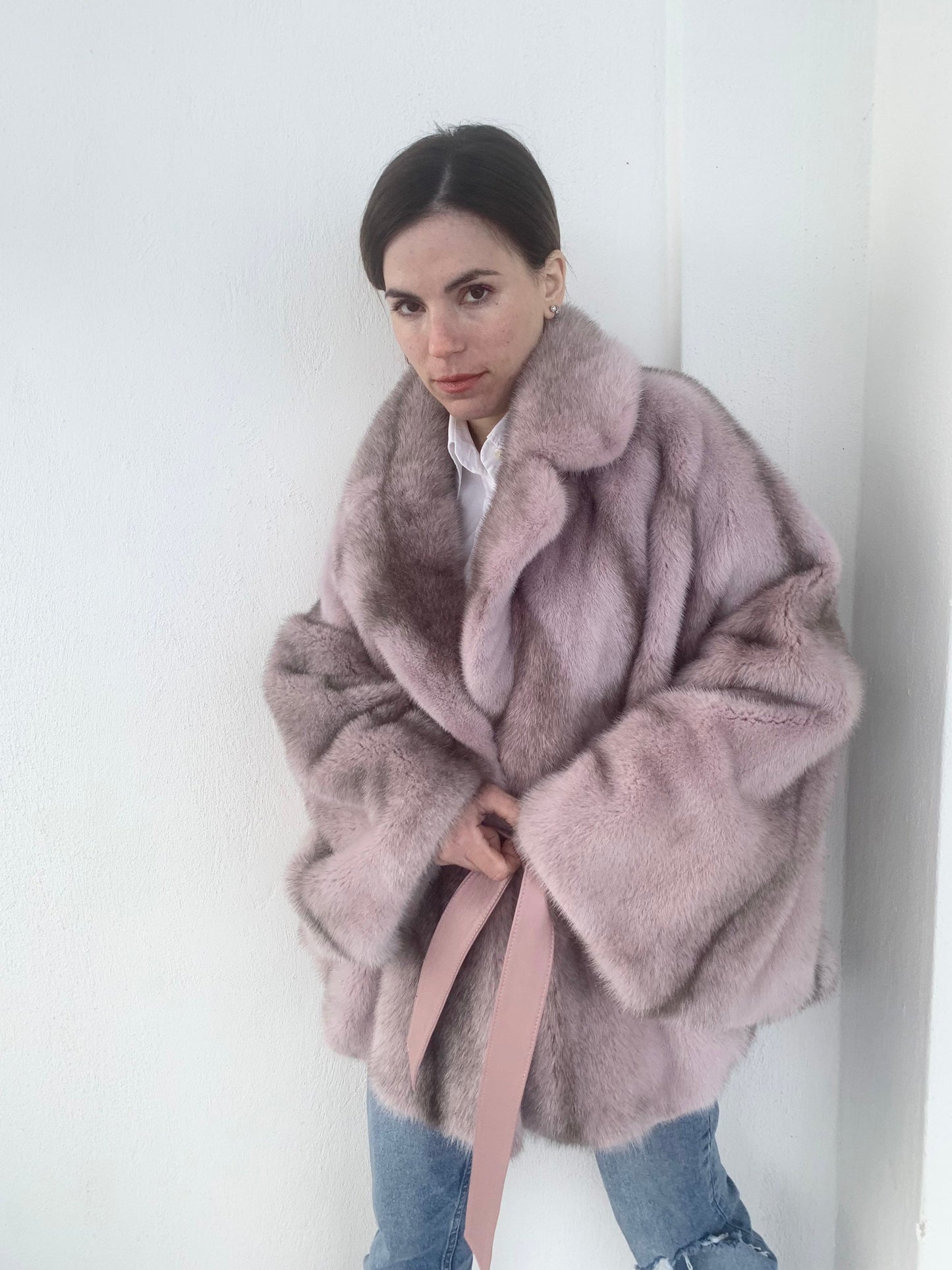 Pink & Black Cross Mink Fur Cape with Leather Belt