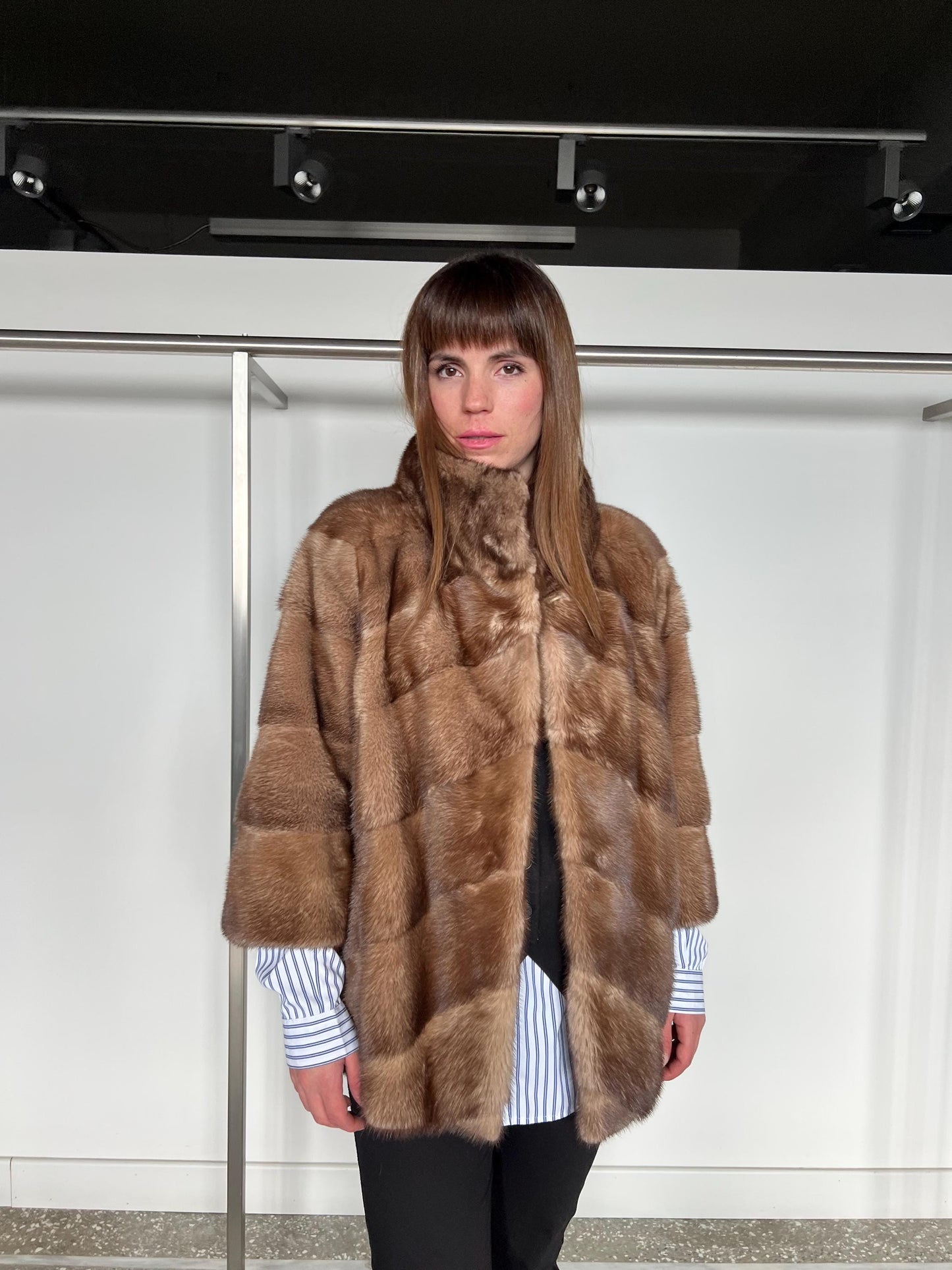 Mink Fur Collared Cappuccino Jacket - Handmade Luxury Fur Gift
