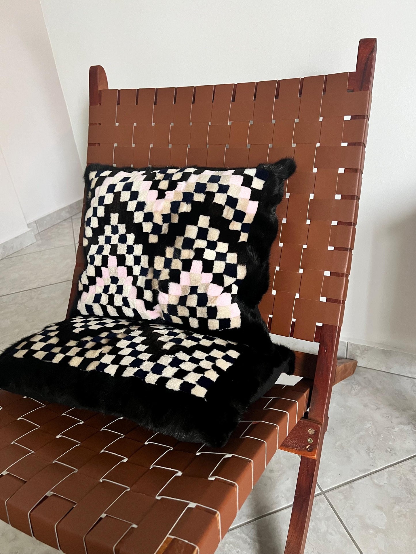 Mink Fur Pillow. Intarsia Decorative Cushion case in genuine real fur decoration.