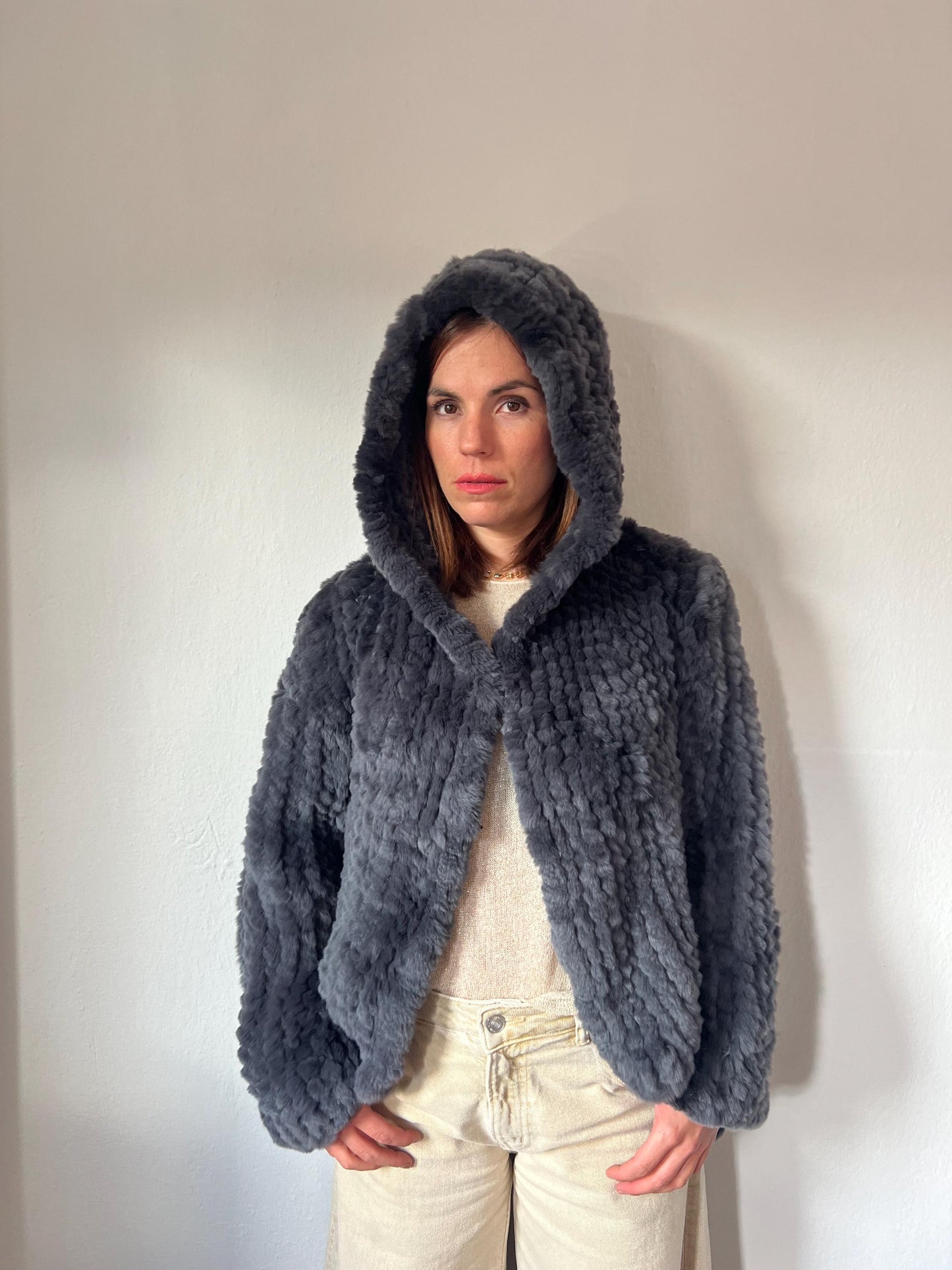 Handwoven Rabbit Fur Hooded Jacket - Dark Grey Lightweight Coat