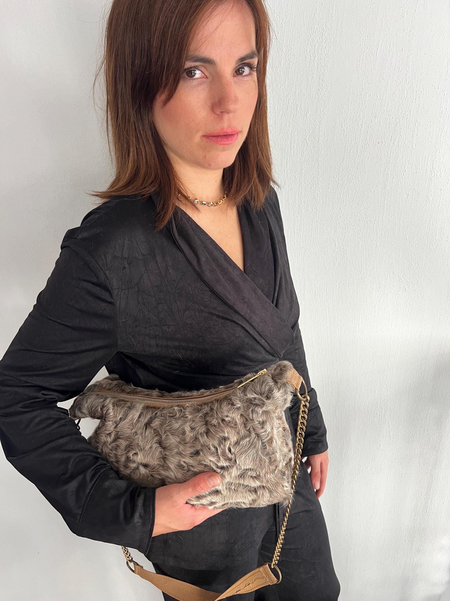 Swakara Grey Fur Tote Bag: Leather & Chain Detail, Luxury Handbag